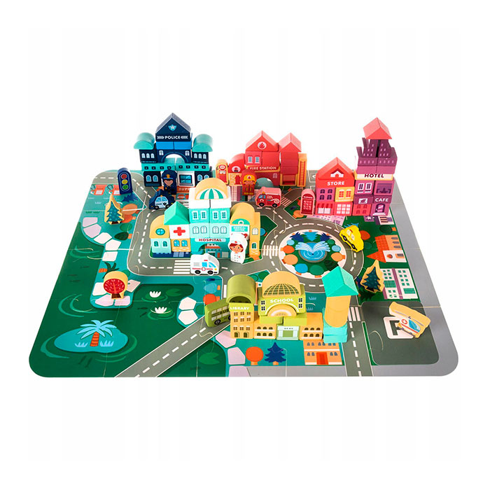 BlockCity, un set di blocchi di diverse forme con una comoda scatola e tappetino da gioco
