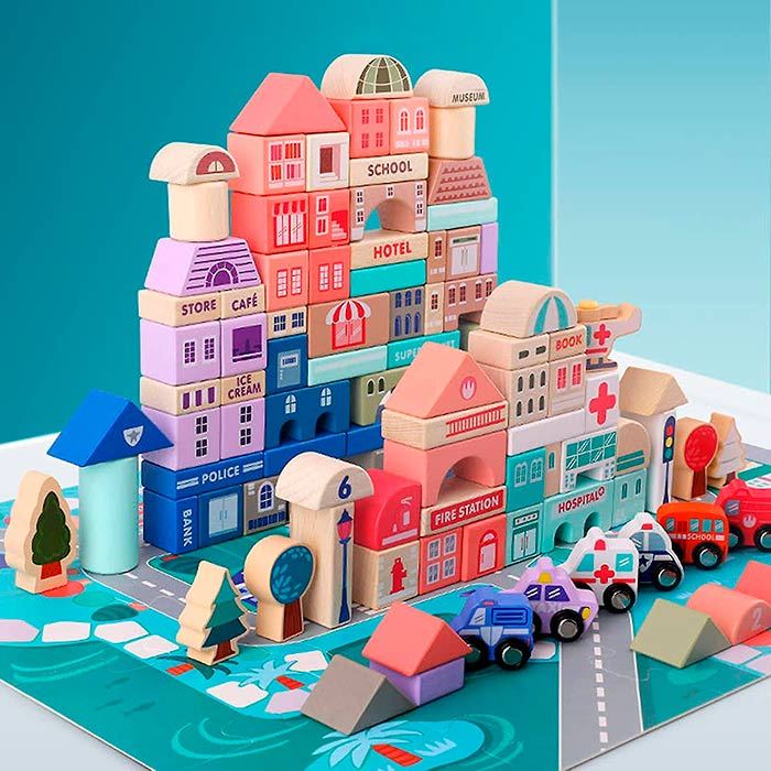 Il set include anche un tappetino puzzle su cui i bambini possono costruire una città