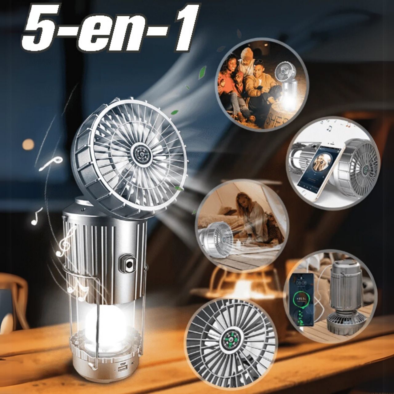 Fan, luce LED solare multifunzionale 5 in 1 con ventilatore