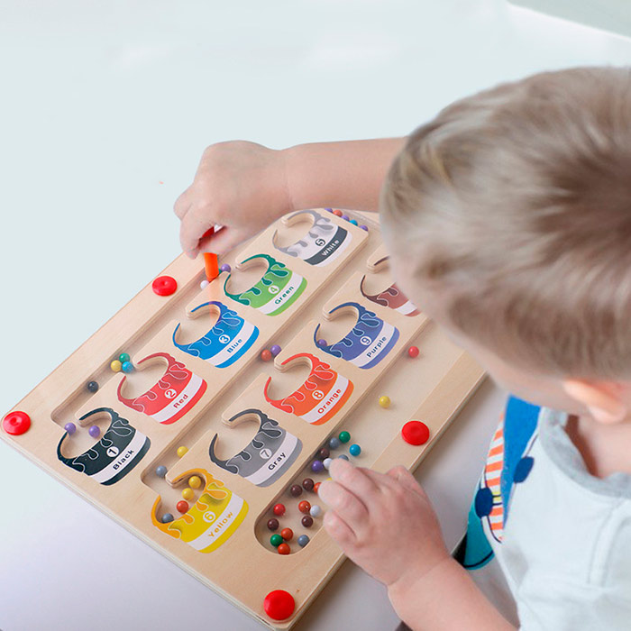 Questo giocattolo didattico è dotato di una bacchetta che il bambino usa per ordinare le palline magnetiche colorate nelle scatole giuste!